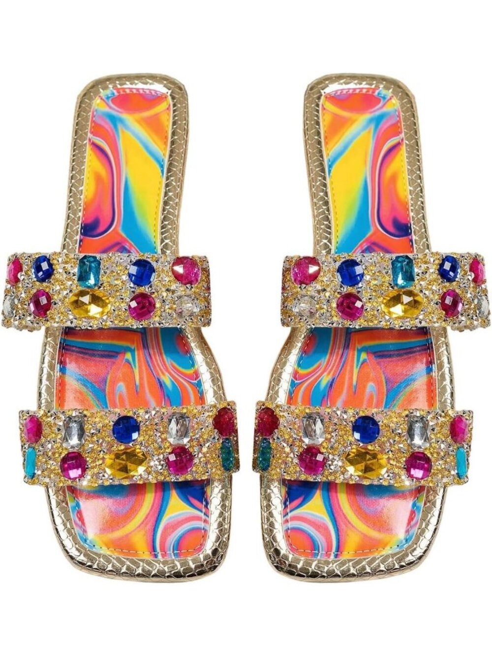 Women's Rainbow Multicolor Summer Sparkly Rhinestone Bling Square Toe Flats